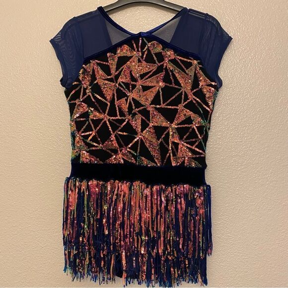 Weissman Dance costume blue sassy fringe sequin dress Misbehave 16291 child XLC - Picture 2 of 12